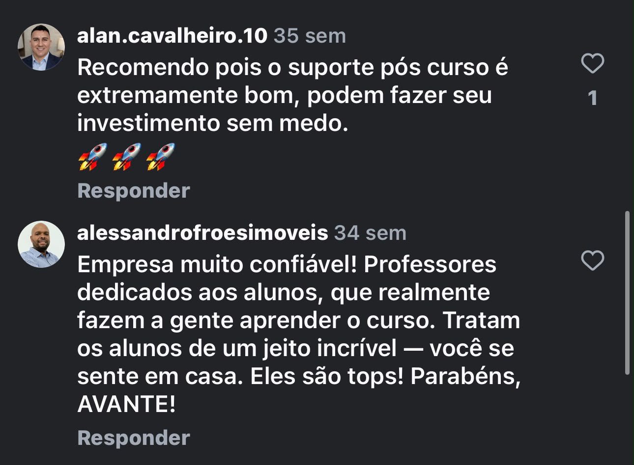 Feedback de alunos recomendando a Avante Digital