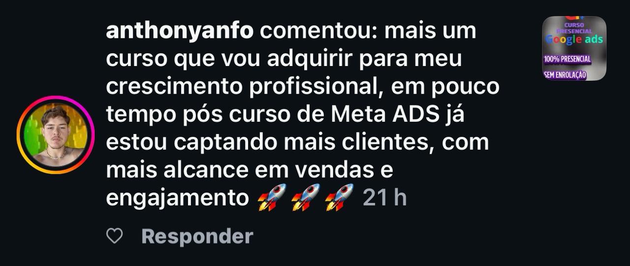 Aluno relata mais clientes depois do curso de Meta Ads