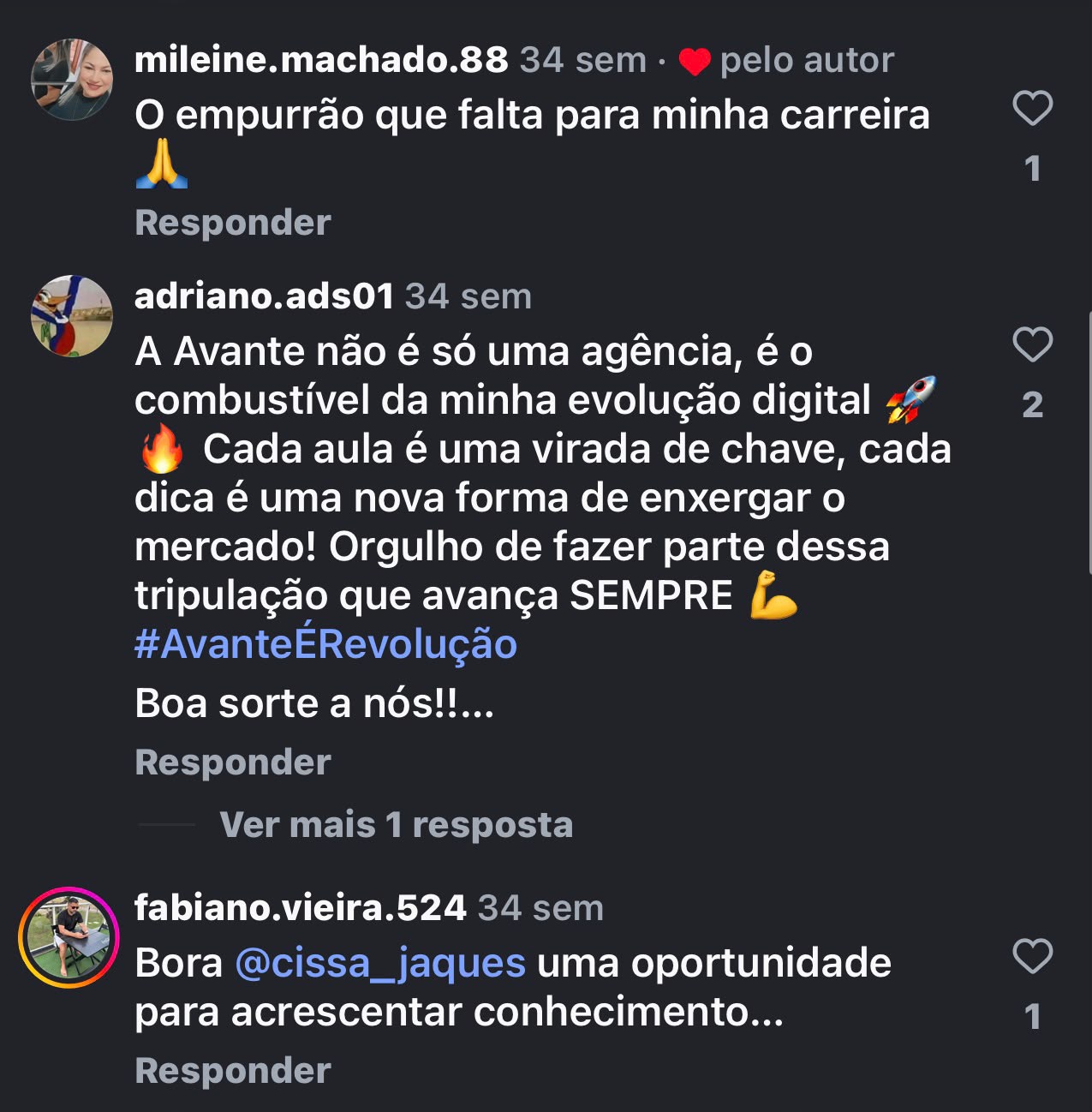 Feedbacks sobre evolução profissional com a Avante